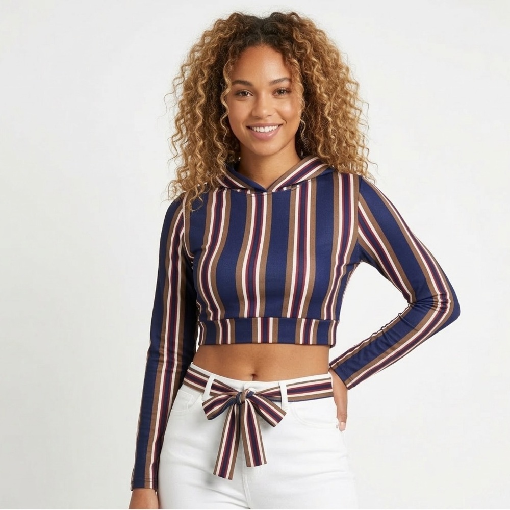 Shein Red/White/Blue Stripped Hooded Long Sleep Crop Top with Belt - Size Small